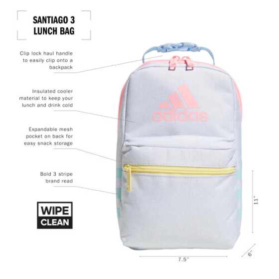 adidas Santiago Tas Makan Siang Kotak Kontainer Makanan Sekolah Berinsulasi Kain Twill Putih/Biru Langit/Pink 3.0 Ukuran Satu